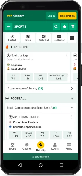 Android app — sports betting view (alt)